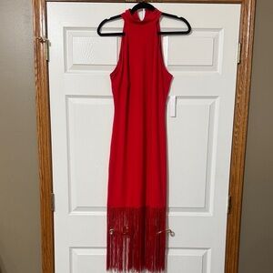 VENUS Red Fringe Midi Dress with High Neck